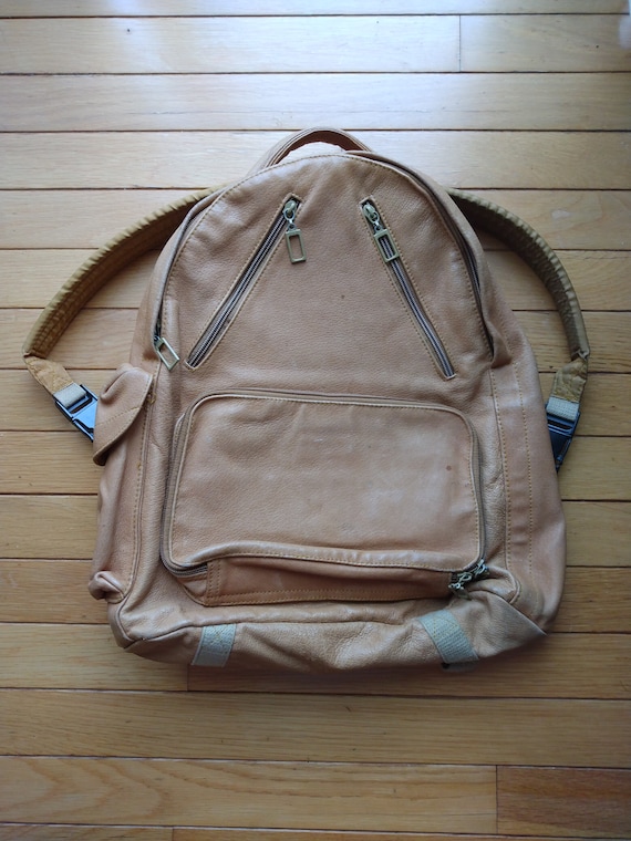 Vintage camel color leather backpack book bag 16"