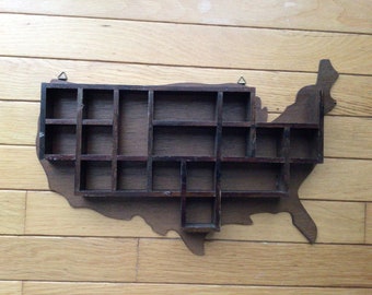 Vintage brown wood United States shaped wall shelf made in Taiwan