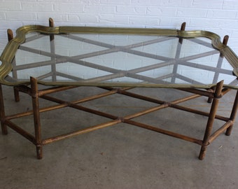 Vintage Mid Century Brass Scalloped Glass coffee Table with Dark Brown Bamboo Base