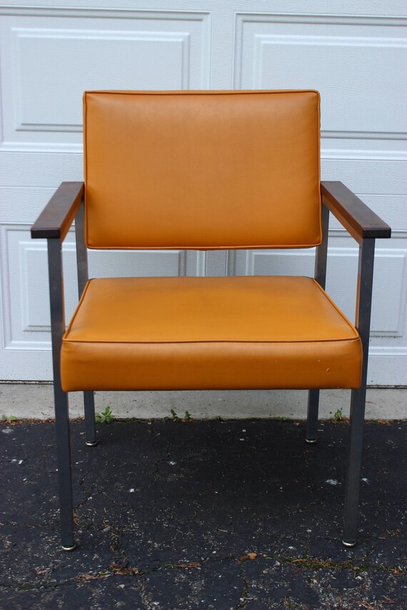 Vintage Mid Century Modern Orange Vinyl Chair Chrome Legs Wood Etsy