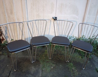 Vintage mid century set of 4 black vinyl chrome dining chairs hairpin style