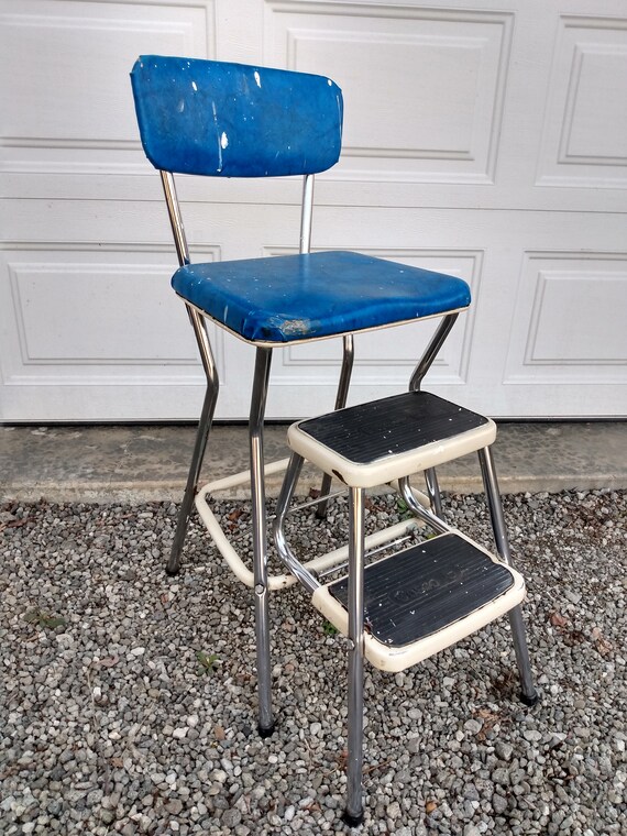 Vintage Cosco Step Stool Chair Chrome Vinyl Blue Vintage Cosco Step Stool Chair Chrome, Retro Step Stool Chair Blue