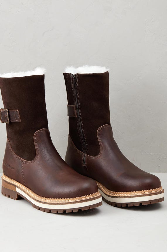 Women's Mid-calf Suede-lined Leather Boots – Dark Brown Winter