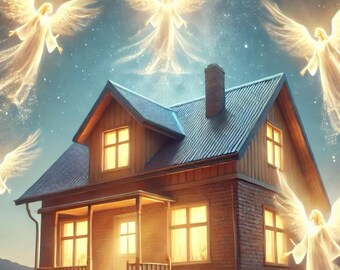 May include: A house with glowing windows is surrounded by angels in a night sky. The text "Archangel Assisted Home Cleansing & Blessing" is on the bottom of the image.