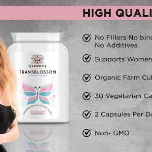 Pode incluir: Uma garrafa branca de comprimidos "TRANSBLOSSOM" com um desenho de borboleta. O rótulo indica "30 comprimidos" e "Suplemento alimentar". A imagem também inclui texto que diz "Apoia a saúde da mulher" e "Não OGM".