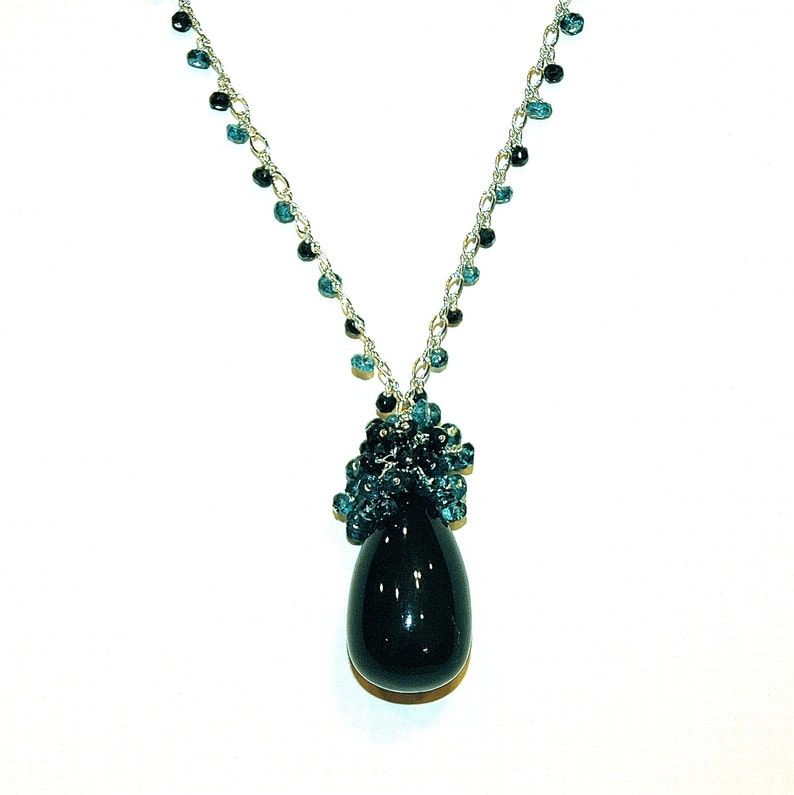 Sensational Black Tourmaline Pendant / Gemstone / Black Spinel / Teal Blue Topaz / Sterling Silver / Wire Wrapped / Little Black Dress image 3