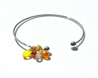 Sterling Silver "Citrus" Cuff Bangle / Quartz Charm Bracelet / Yellow / Orange / Peach / Wire Wrapped / Adjustable / Gifts for Her / OOAK