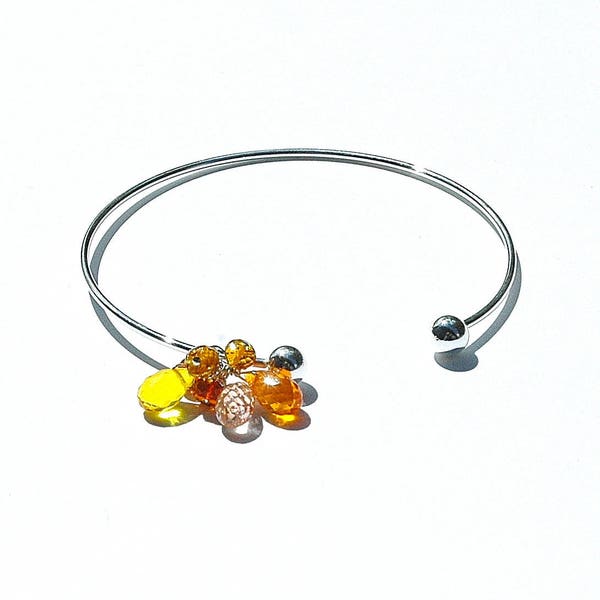 Sterling Silver "Citrus" Cuff Bangle / Quartz Charm Bracelet / Yellow / Orange / Peach / Wire Wrapped / Adjustable / Gifts for Her / OOAK