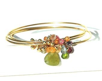Rainbow Gemstone Bracelet / 14K Gold / Triple Bangles / Boho / Green Garnet / Pink Sapphire / Blue Topaz / Red / Gifts For Her / OOAK