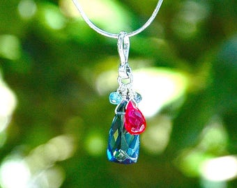 NEW Blue Quartz Pyramid Necklace / Sterling Silver / Multi Color / Aquamarine / Red / Purple / Teardrop Pendant / Mothers Day Gift / OOAK