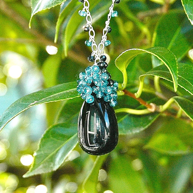 Sensational Black Tourmaline Pendant / Gemstone / Black Spinel / Teal Blue Topaz / Sterling Silver / Wire Wrapped / Little Black Dress image 2