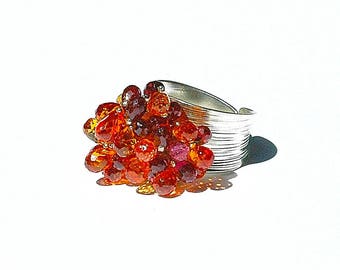 Garnet & Fire Quartz Cluster Ring / Sterling Silver / Adjustable / Gemstone / Wide Band / Wire Wrapped / Gifts For Her / Red / Orange