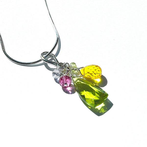 NEW Olive Green Quartz Pyramid Neclace / Sterling Silver / Multi Color Pendant / Yellow / Pink / Lavender / Mothers Day Gift / OOAK