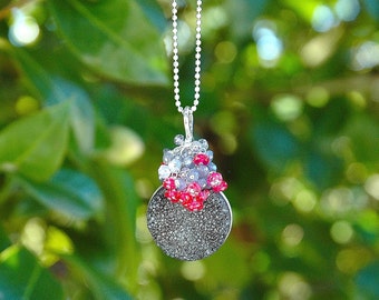 Charocal Druzy Cluster Pendant / Labradorite Necklace / Magenta Quartz / Sterling Silver / Wire Wrapped / Gray / Pink / Gifts for Her