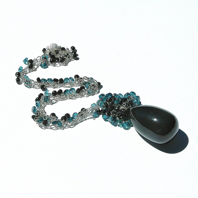 Sensational Black Tourmaline Pendant / Gemstone / Black Spinel / Teal Blue Topaz / Sterling Silver / Wire Wrapped / Little Black Dress image 5