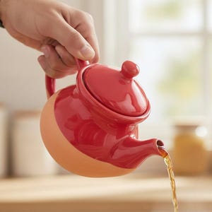 May include: A red ceramic teapot with a matching lid is pouring tea into a white cup. The teapot has a two-tone design, with a red top and a tan bottom. The tea stream is visible.