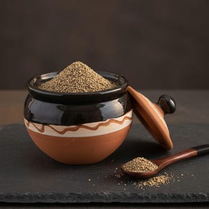 Könnte beinhalten: Ein kleiner, handgefertigter Keramiktopf gefüllt mit gemahlenem Pfeffer, mit einem passenden Deckel daneben. Der Topf ist schwarz mit einem braunen Boden und einem weißen und braunen Zierband. Ein kleiner Holzlöffel enthält einen Teil des Pfeffers.