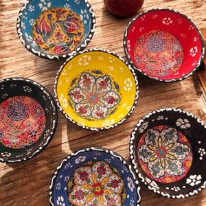 Ceramic Bowls Set - 6 Mini Mezze Dip Dishes, Decorative Appetizer Servingware, Tapas Bowls