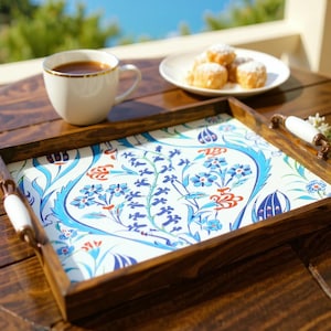 Handmade Wooden Serving Tray with Iznik Turkish Ceramic Tile – Ottoman Kitchen Decor – 43x29 cm (17x11.4”)