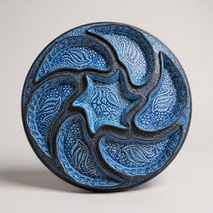 May include: A round ceramic serving dish with a star-shaped centre and six surrounding sections. The dish features a detailed, embossed floral pattern in shades of blue and black. The diameter is approximately 30 cm.