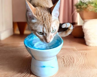 Bol pour animaux de compagnie en céramique surélevé fait main, plat d'eau alimentaire incliné pour chats et chiens