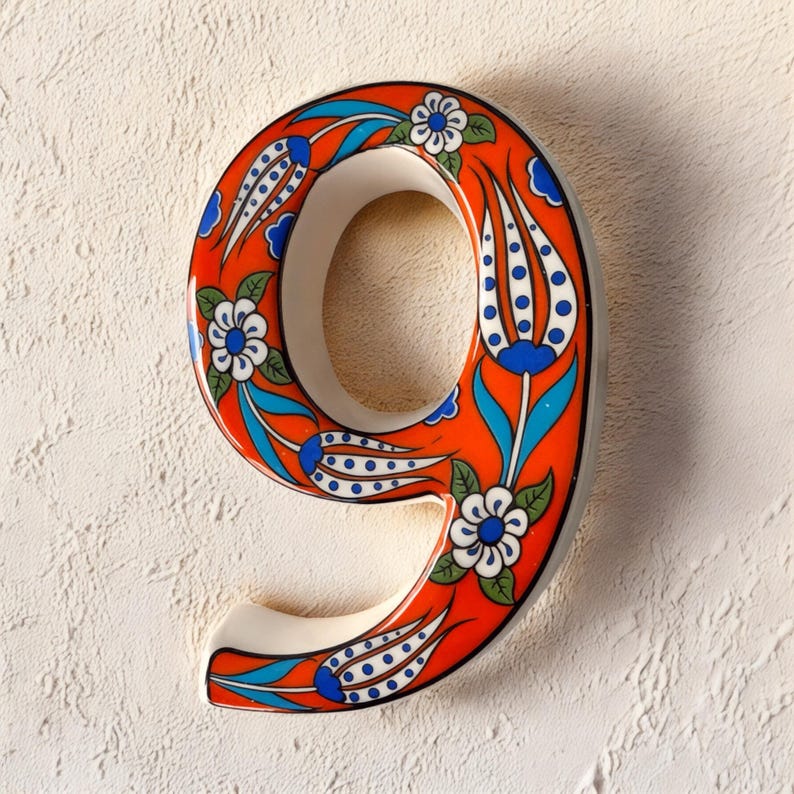 Handmade Ceramic House Number Tile: Turkish Floral Address Sign Red