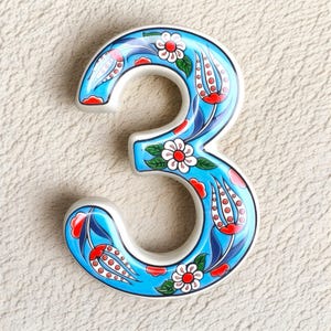 Handmade Ceramic House Number Tile: Turkish Floral Address Sign Blue