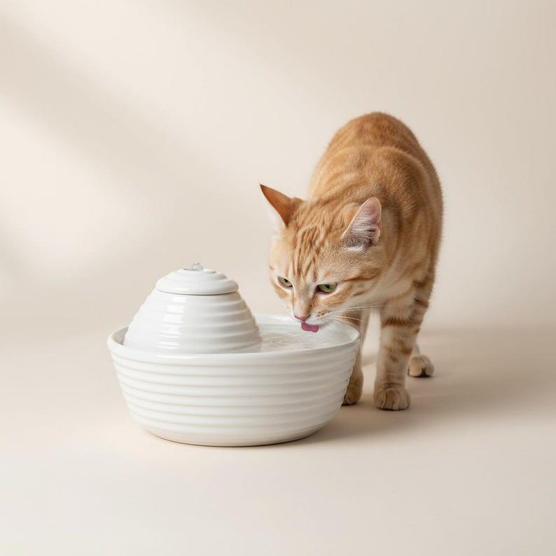 May include: A white ceramic pet water fountain with a tiered design. An orange tabby cat is drinking from the fountain. The fountain has a bowl shape with a lid on top. The cat has green eyes and is drinking water.
