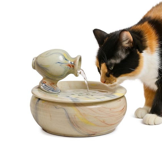 Handmade Ceramic Cat Water Fountain, Quiet Pet Drinking Bowl