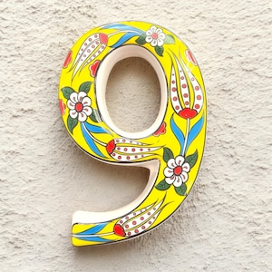 Handmade Ceramic House Number Tile: Turkish Floral Address Sign Yellow