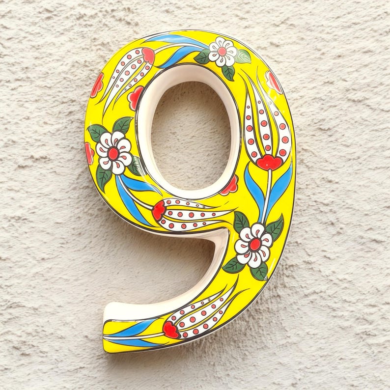 Handmade Ceramic House Number Tile: Turkish Floral Address Sign Yellow