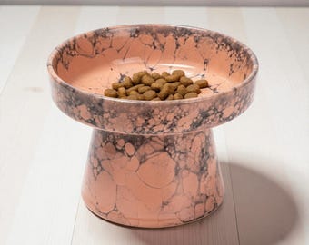 Bol en céramique surélevé pour chat | Mangeoire pour animaux de compagnie surélevée faite main | Plat moderne en poterie marbrée