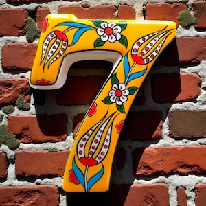 Handmade Ceramic House Numbers | Unique Turkish Tile Address Plaque | Hand Painted Boho Door Number | Outdoor Address Sign, Orange Number