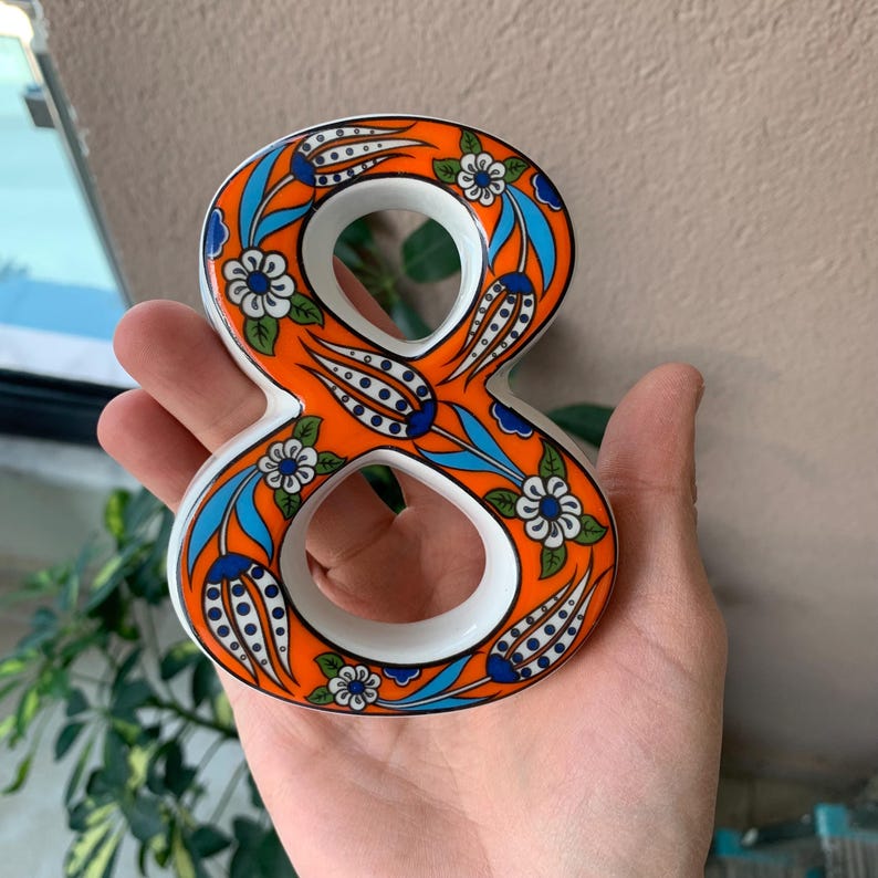 Handmade Ceramic House Number Tile: Turkish Floral Address Sign Orange