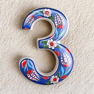 Handmade Ceramic House Number Tile: Turkish Floral Address Sign Navy Blue