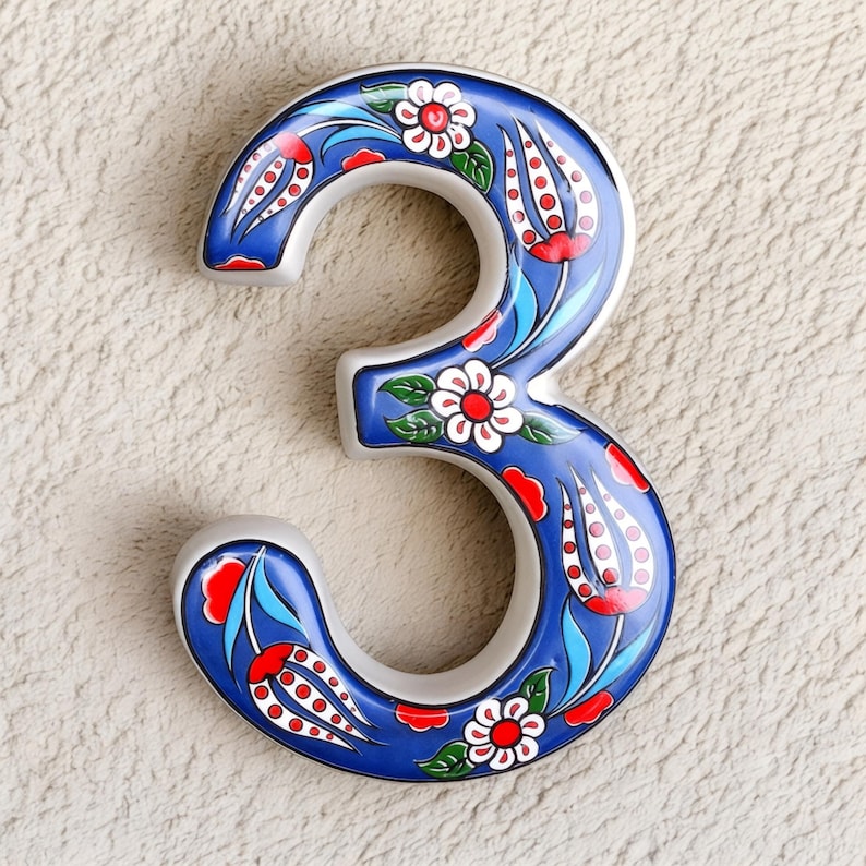 Handmade Ceramic House Number Tile: Turkish Floral Address Sign Navy Blue