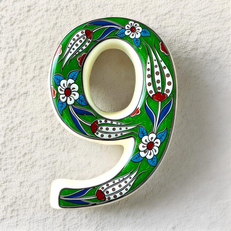 Handmade Ceramic House Number Tile: Turkish Floral Address Sign Green