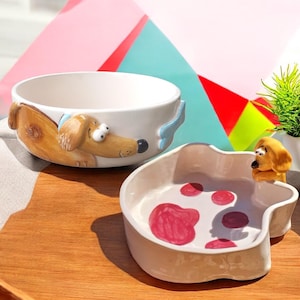Tigela de cerâmica feita à mão para cães – Design fofo de cachorrinho – Prato de alimentação para animais de estimação de 14 cm – Tigela de comida personalizada para cães de pequeno porte