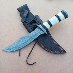 Handmade Damascus Steel Bowie Knife with Leather Sheath