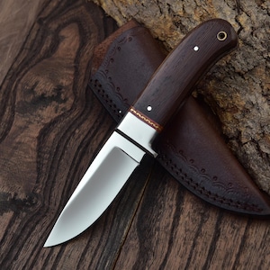 Handmade D2 Steel Hunting Knife with Rosewood Handle & Leather Sheath