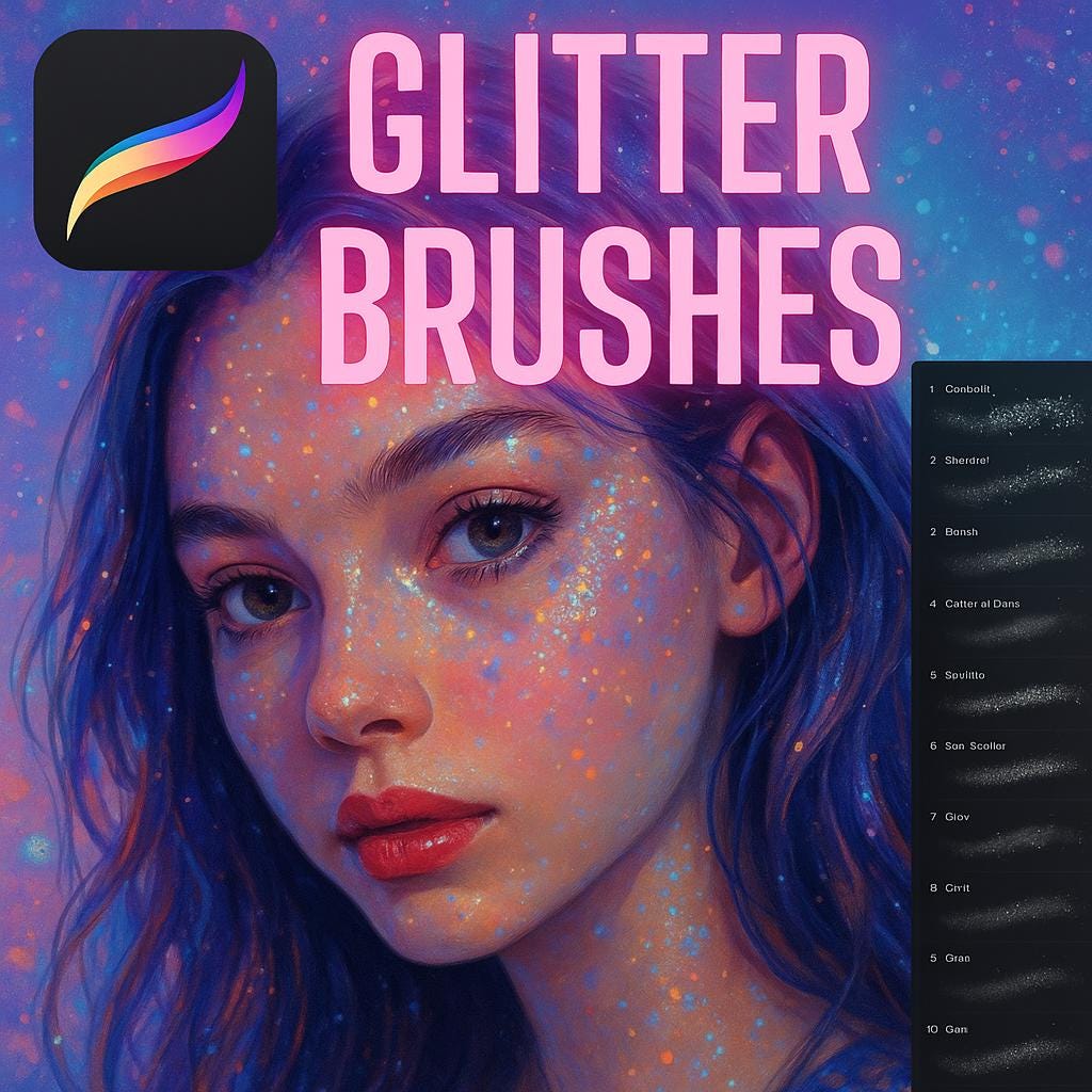 Pacote de Pincéis com Glitter para Procreate – Conjunto Dourado e Lettering Brilhante com Bônus Arco-Íris