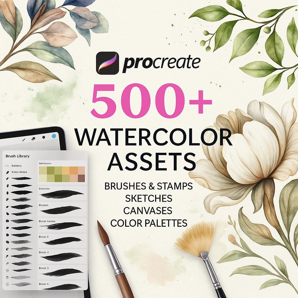 500+ Realistic Watercolor Procreate Brushes & Stamps Mega Bundle