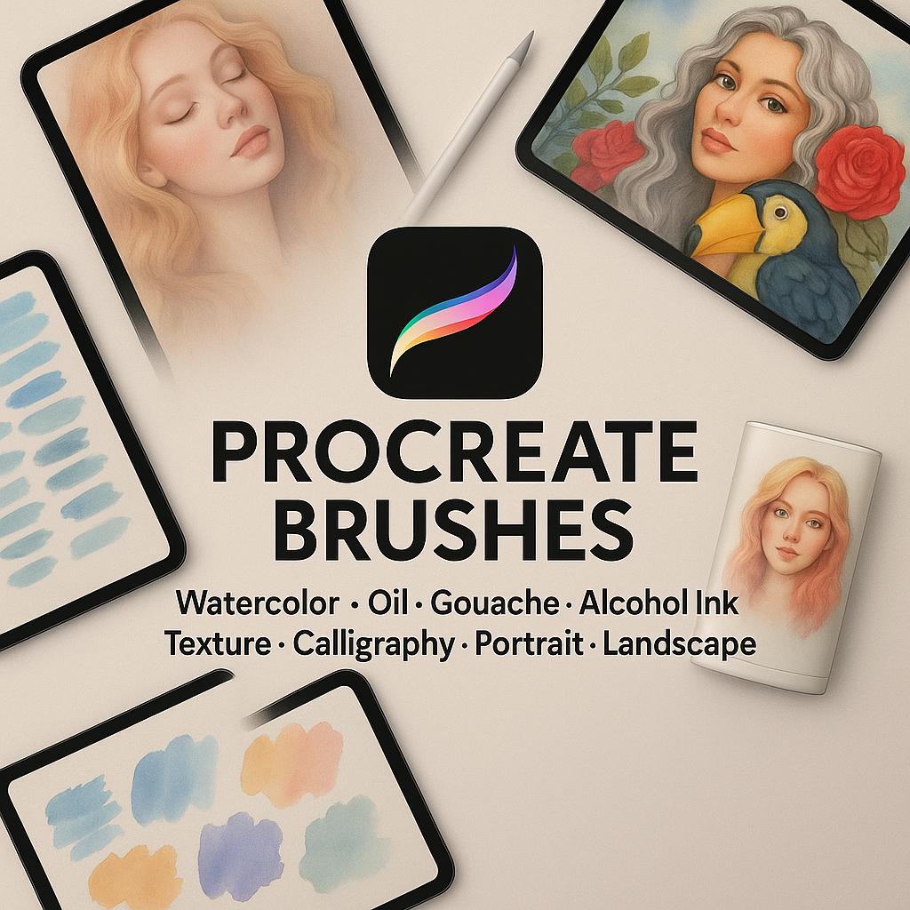 Procreate Brushes Bundle – 600+ Watercolor, Oil, Gouache & Alcohol Ink | Texture, Calligraphy, Portrait & Landscape