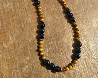 Black Onyx and Tiger Eye Necklace with Sterling Silver Bali Beads - Sale