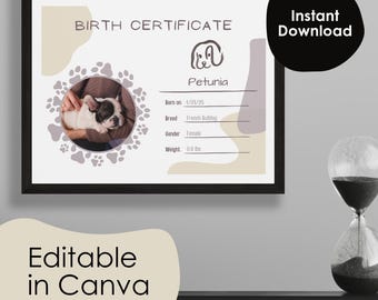 Editable Puppy Birth Certificate Template, Tan Dog Birth Certificate Canva, Pet Adoption, Customizable Canva Template, Instant Download