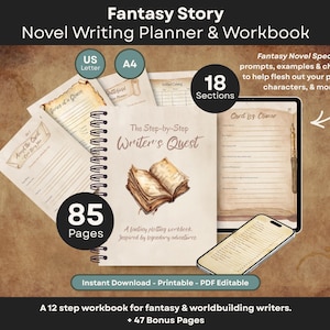 Puede incluir: Un planificador y cuaderno de trabajo para escribir novelas de fantasía, encuadernado en espiral, con 85 páginas y 18 secciones. La portada muestra una ilustración de un libro abierto y el texto The Step-by-Step Writer's Quest.
