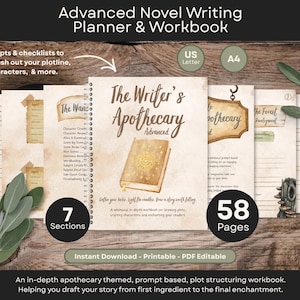 May include: A spiral-bound Advanced Novel Writing Planner & Workbook titled The Writer's Apothecary. The cover features a book illustration and the text Gather your herbs. Light the candles. Brew a story worth telling. It includes 7 sections and 58 pages.