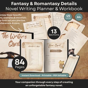 May include: A fantasy and romantasy novel writing planner and workbook featuring 84 pages across 13 sections. The set includes printable US Letter and A4 PDF pages with parchment-style backgrounds, dragon illustrations, and writing prompts.