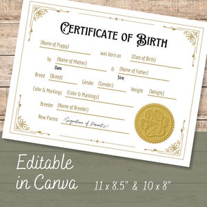 Könnte beinhalten: Eine weiße Geburtsurkunde mit goldenen Akzenten und der Aufschrift "Certificate of Birth". Sie enthält Felder für Details wie den Namen, die Rasse und das Geburtsdatum des Welpen. Der untere Teil der Urkunde lautet "Editable in Canva" und listet die Größen als 27,9 x 21,6 cm & 25,4 x 20,3 cm auf.