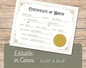 Editable Dog Birth Certificate, Puppy Birth Certificate Canva Template, Customizable New Puppy Announcement, Pet Adoption Certificate